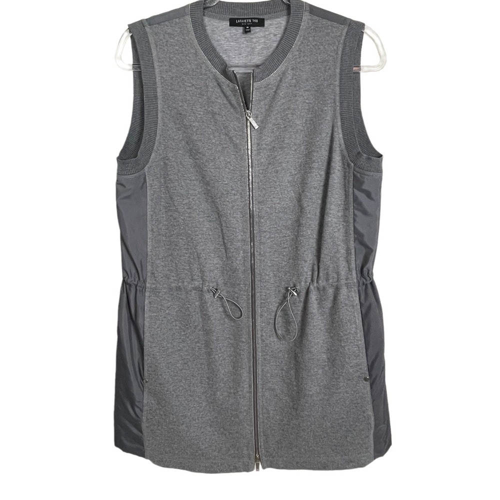 Lafayette 148 Vest Women Medium Gray Mixed Media Silk Zip Drawstring